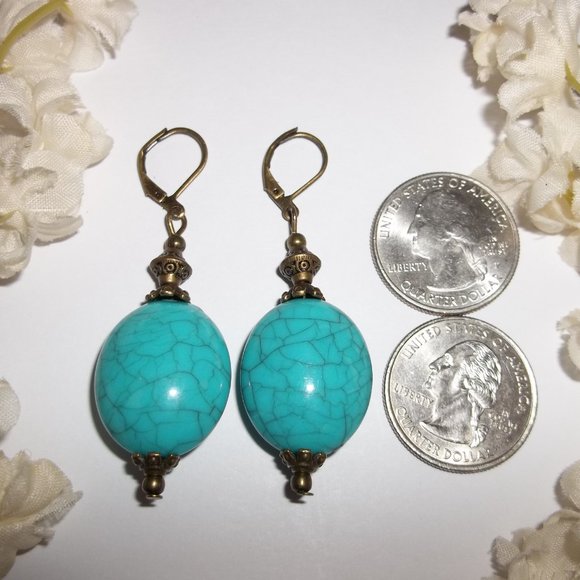 Turquoise Blue and Bronze Statement Earrings 5484 - Picture 2 of 7